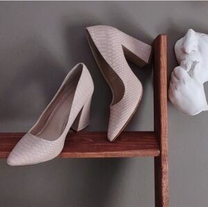 Kaari Blue pink vegan snakeskin chunky heels